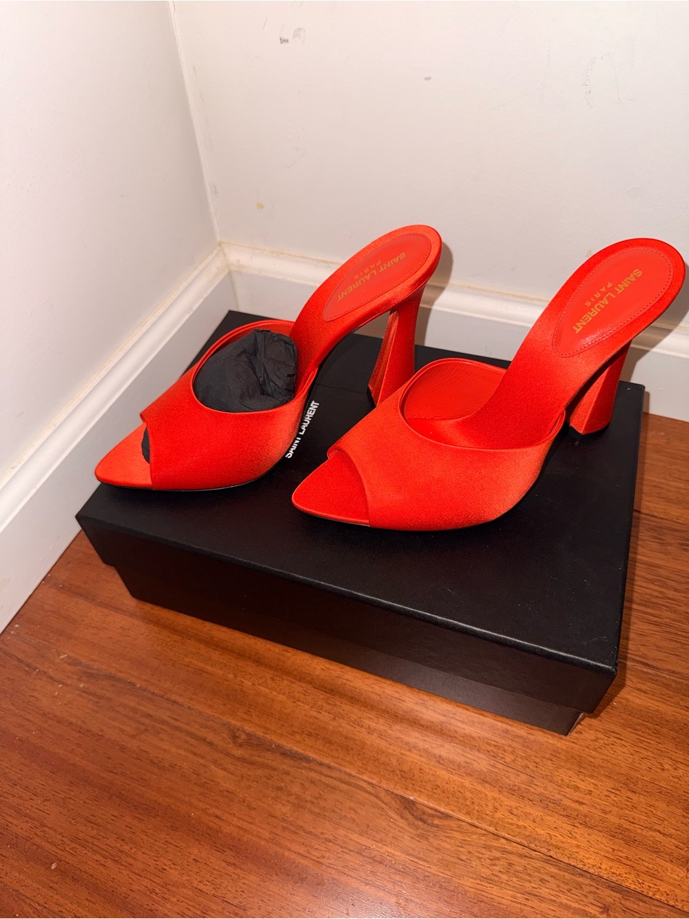 Saint Laurent Orange Satin Peep-Toe Mule Heels